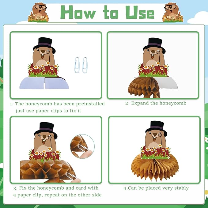 Gameza Groundhog Day Decorations, 9PCS Cute Groundhog Day Party Table Decoration, Happy February Honeycomb Centerpieces Party Decor Supplies for Weather Forecast Spring