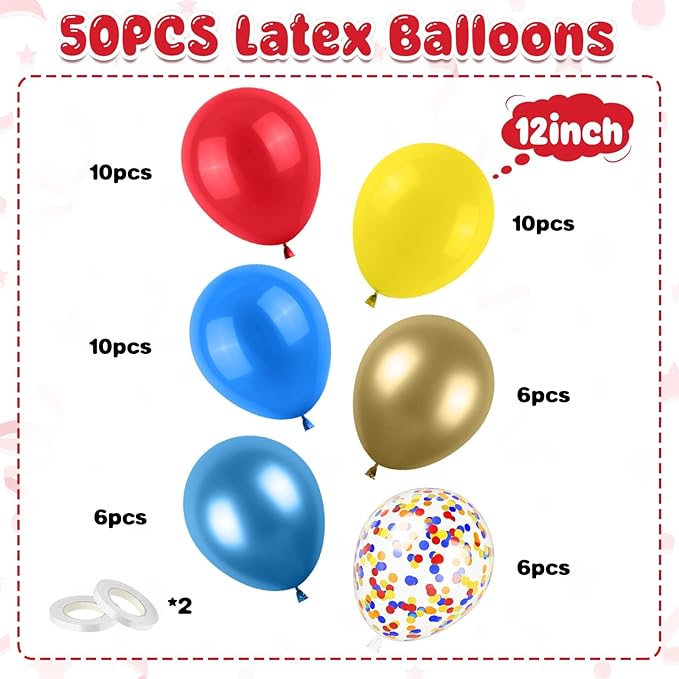 Red Blue Yellow Balloons, 50PCS 12Inches Metallic Blue Gold Latex Balloons with Confetti Party Balloon for Kids Birthday Baby Shower Graduate Party Decorations