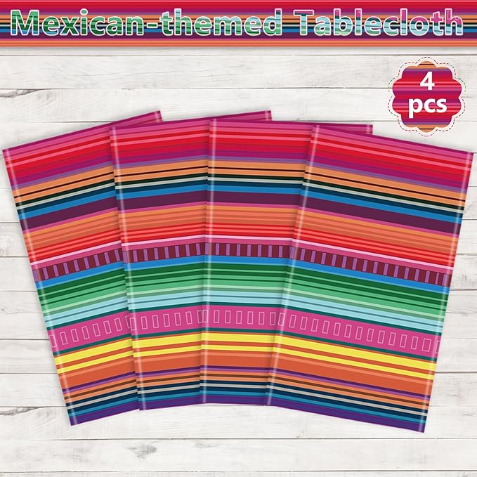 4Pcs Mexican Fiesta Striped Party Tablecloth Mexican Serape Tablecloths for Mexican Wedding Birthday Party Decorations Outdoor Indoor Party Supplies