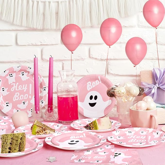 180Pcs Halloween Party Supplies Serve 60,Pink Ghost Paper Plates and Napkins Disposable Dinnerware Kit,for Trick or Treat Birthday Party Decorative
