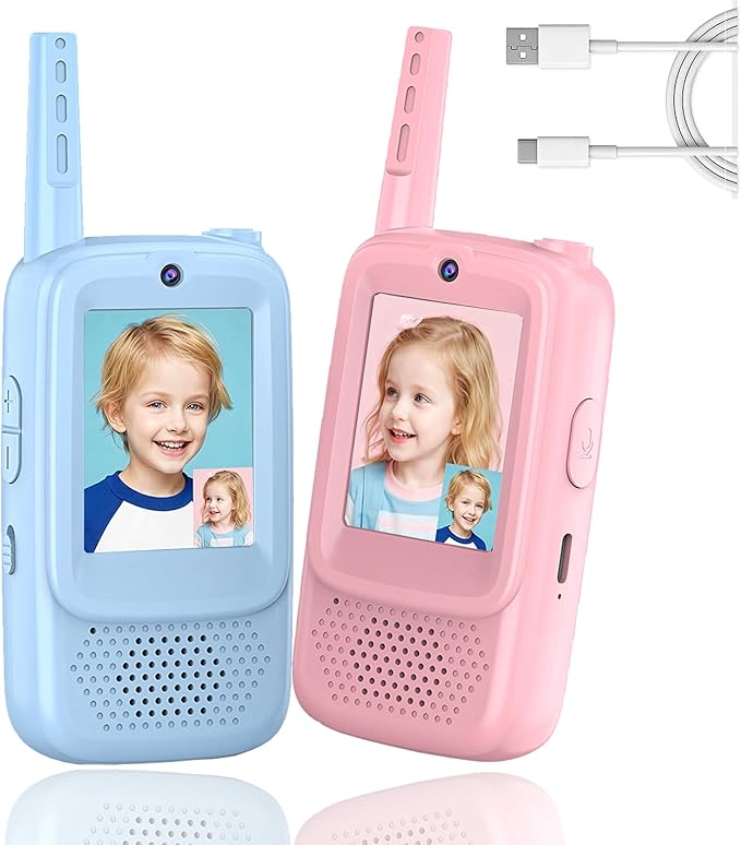 Video Walkie Talkies for Kids, 2 Pack Rechargeable with 400FT Range & 3-Day Battery, Kids Walkie Talkies for Outdoor Play, Camping, Hiking, Indoor Games for Boys and Girls Ages 3-12 (Blue/Pink)
