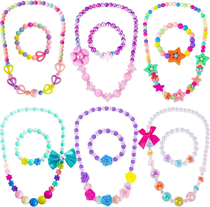 BigOtters Little Girls Necklace Bracelet, 6 Sets Lovely Colorful Beads Jewelry Princess Dress up for Toddlers Pretend Play Party Costume, Party Favors Bags for Kids