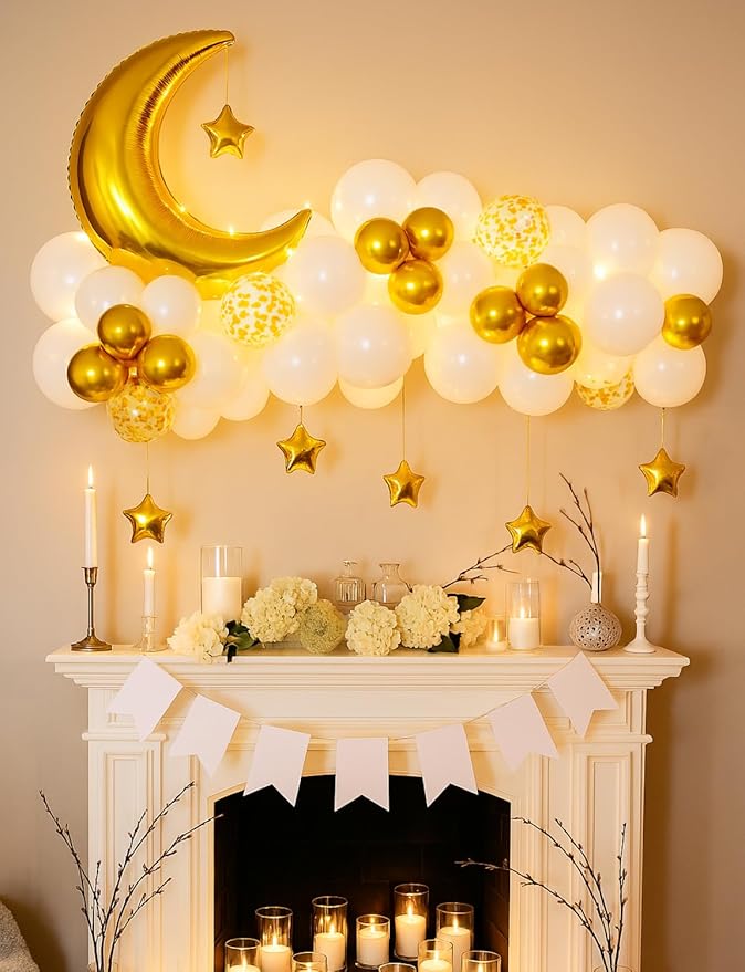 White and Gold Party Decorations, Gold White Balloons Moon Star Foil Balloons, LED String Lights Decoration for Boys Girls Baby Shower Twinkle Twinkle Little Star Gender Reveal Party Supplies