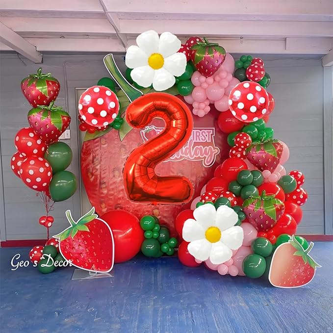 Strawberry Balloons Second Birthday Decorations for Girl, 40 Inch Mylar Red Number 2 Balloons, Strawberry Balloon for Strawberry Party Decorations, Strawberry Birthday Decorations