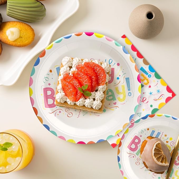 100Pcs Birthday Plates Party Supplies Happy Birthday Paper Plates Cups and Napkins for Baby Shower Kids Birthday Party Decorations, Serves 25