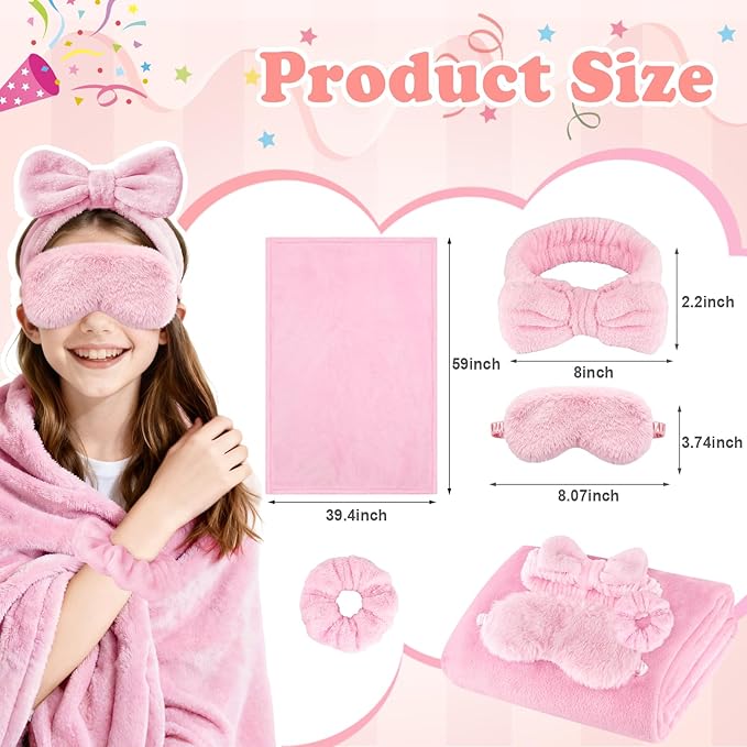 Sleepover Party Supplies for Girls, Spa Slumber Favor with Blanket Headband Eye Mask Hair Scrunchies (Pink 24Pcs)
