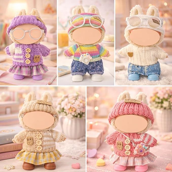 17cm Doll Clothes Outfit Set, 5 Cozy Knit Outfits with Hats, Skirts, Shorts and Doll Accessories, Perfect for Play and Display, Doll Accessories for Collectors (No Dolls)