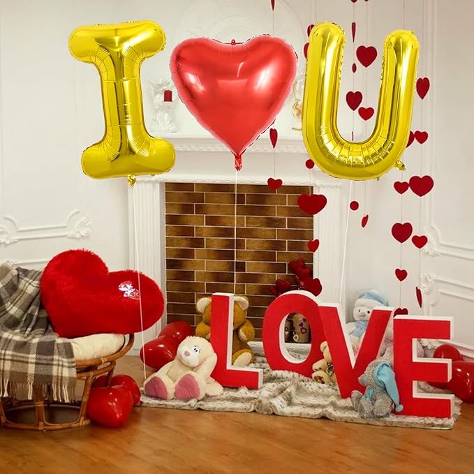 TONIFUL 40 Inch I Love You Foil Letter Balloons - Huge Heart Shaped Decoration for Valentine's Day, Wedding, Bridal Shower, Anniversary, Engagement Party Supplies (Gold, 3 Pcs)