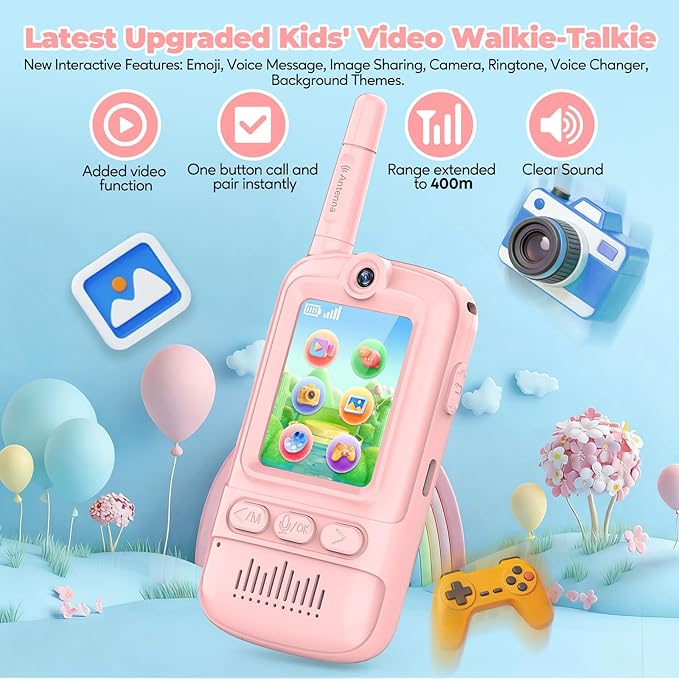 Video Walkie Talkies for Kids,2 Pack-Kids Video Call Device with HD Camera,Filters,Emojis,Voice Changer & Voice Message,Auto Pairing, Durable for Indoor & Backyard Use