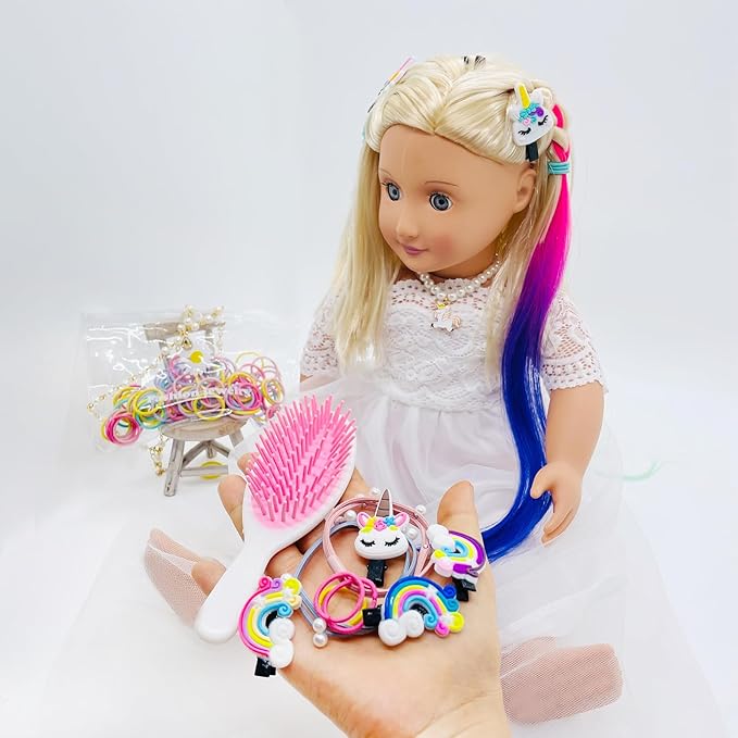 18 inch Doll Hair Accessories for American OG Dolls Hair Brush Rainbown Unicorn Kit Accessories Girl Dolls-Shaped Head Children's Gift（No Doll）