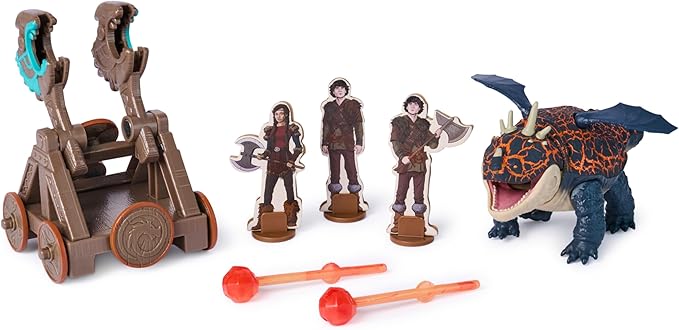 DreamWorks Dragons, Trial of Flame, Blazing Battles Catapult Blast Gronckle Playset, Dragon Figure Playset with 3 Cardboard Viking Figures for Ages 4 and up