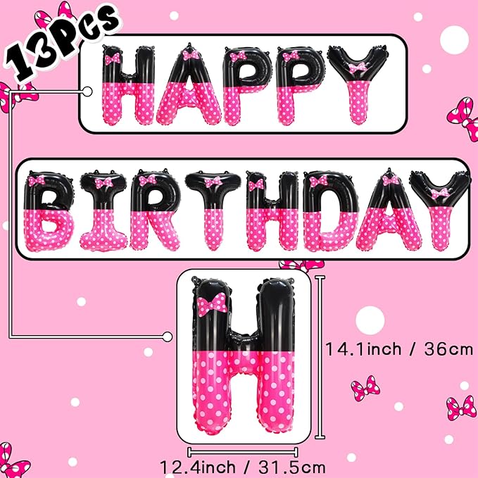 YIIHMEI Cartoon Mouse Birthday Party Decorations Supplies with Black Pink Style Letters Banner Balloons Kit for Girl's-104Pcs