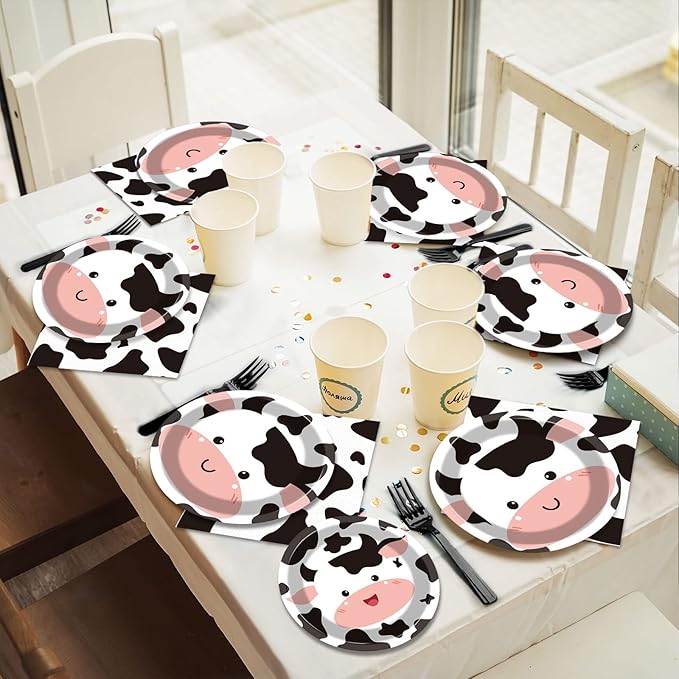 gisgfim 96 Pcs Cow Party Supplies Cow I'm One Paper Plates Napkins Forks Cowprint Disposable Dessert Cake Dinner Tableware Set for Boy Girl Farmhouse Animal Birthday Party Decorations Favors Serves 24