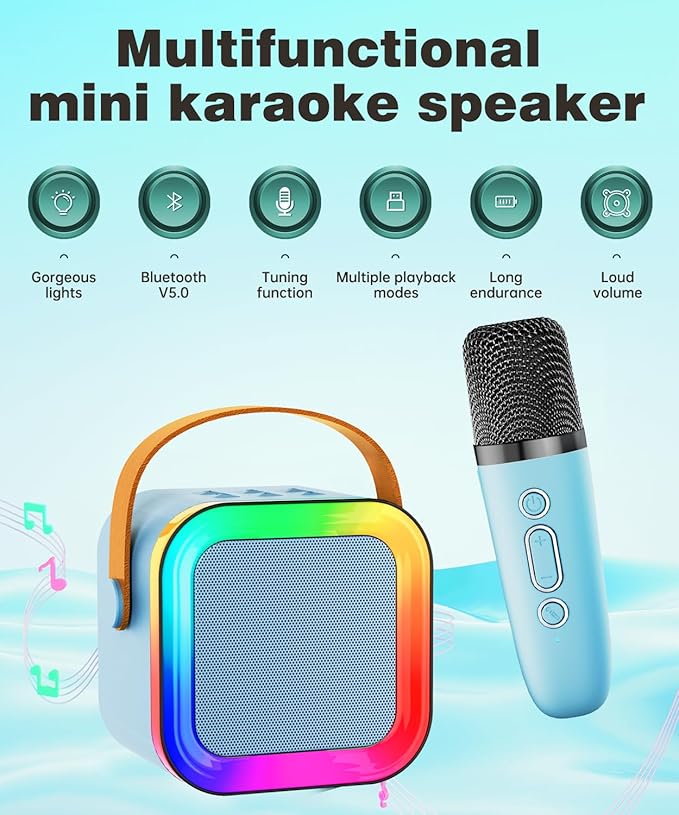 Mini Karaoke Machine Speaker for Kids Adults,Portable Bluetooth with 1-2 Wireless Microphones,Christmas Birthday Gifts Toys Girls Boys Ages 4, 5, 6,7, 8,9,10,11,12+ Years Old Toddler (Blue - 1 Mic)