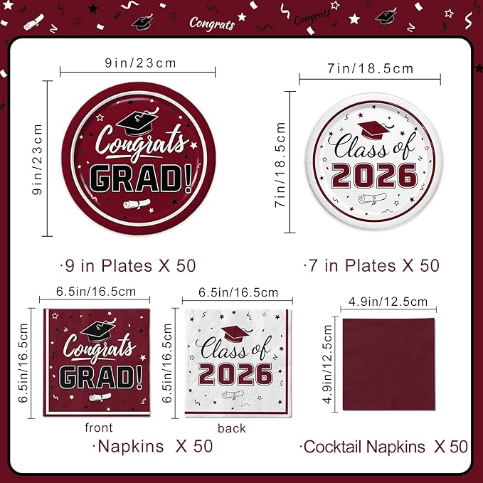 Graduation Maroon Party Supplies Kit Dinner Plates Dessert Plates and Napkins for Congrats Grad Party Decorations, Serves 50