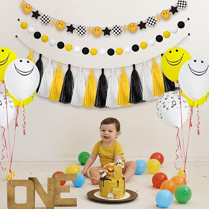 53 Pcs One Happy Dude Birthday Decorations 1st Birthday Paper Tassel Banners Lightning Smile Face Garland Decoration Two Cool High Chair Banner for One Happy Dude Party Favors Supplies