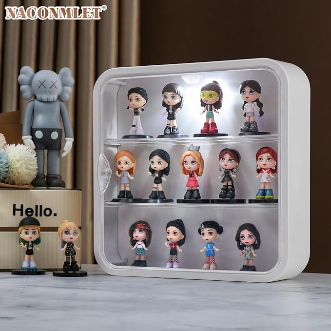 Acrylic Clear Display Case with LED Light, 3-Tier Wall Mounted Storage Box for Figures, Dustproof Magnetic Door Organizer for Pop Mart, Lego, Mini Toys, No-Drill Installation