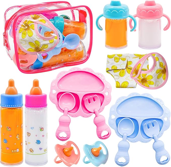 15 PCS Baby Doll Accessories Magic Bottle Set,Pretend Play Feeding Toys,Doll Feeding Set with Package for Kids,Girls,Party,Gift