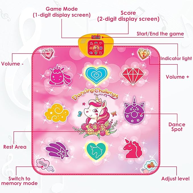 Unicorn Dance Mat Toys for 3 4-7 8 9 10-12 Year Old Girl Birthday Gifts, Pink Music Dance Pad with 6 Game Modes, Electronic Dancing Mat Toys for Girls, Adjustable Volume, LED Light