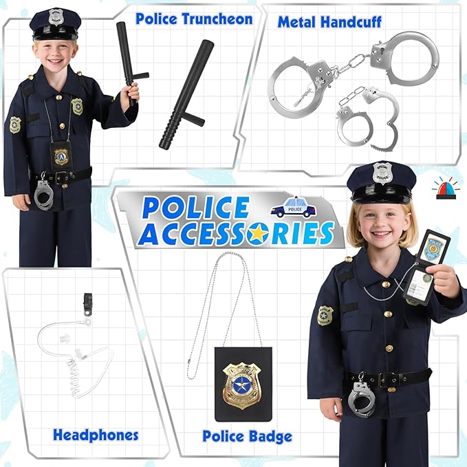 Police Costume for Kids, Cop Pretend Play Toys for Dress Up, Role Play Set with Handcuffs, Flashlight, Police Badge for Kids Boys and Girls 3-8, Halloween Costumes, Birthday Christmas Gifts