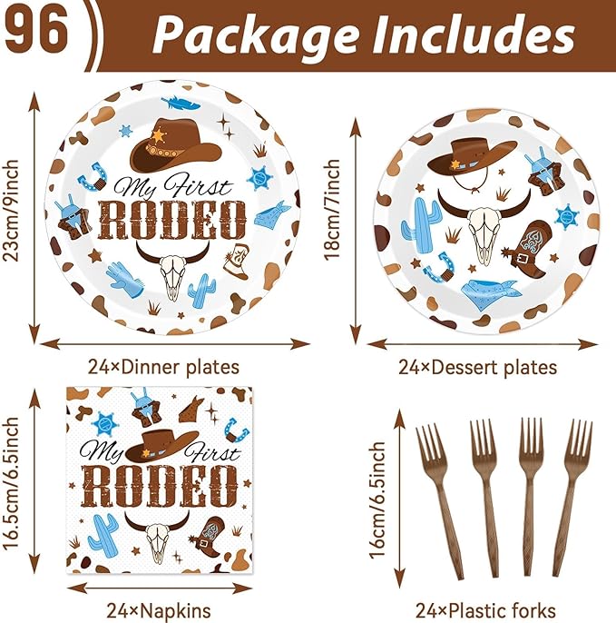 96 Pcs My First Rodeo Birthday Party Supplies Paper Plates Napkins Western Blue Cowboy 1st Rodeo Party Birthday Tableware Set Decorations Favors for Boy Baby Shower Serves 24