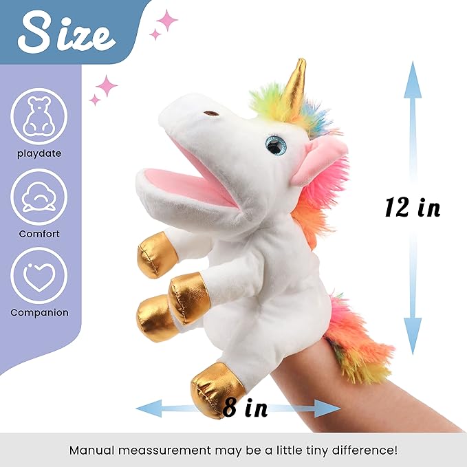 Hopearl Plush Unicorn Hand Puppet with Open Movable Mouth for Imaginative Play, Role Play, Interactive Toy for Storytelling Teaching Puppet Theater, Birthday Gifts for Kids Girls, White, 12''