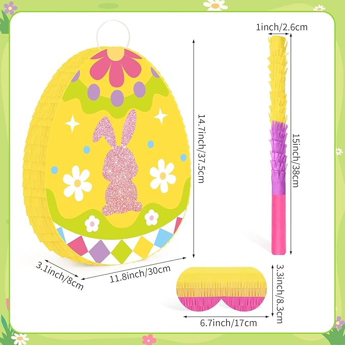 Hooqict Easter Egg Pinata Bunny Pinata with Blindfold and Bat Stick for Kids Spring Happy Easter Party Games Bunny Birthday Party Decorations Sunday Celebration Supplies