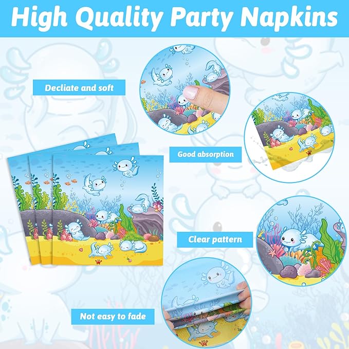 chiazllta 96pcs Blue Axolotl Plates and Napkins Party Supplies Reptile Animals Tableware Set Girl Boy Axolotl Party Decorations Favors for Axolotl Birthday Baby Shower Serves 24 Guests