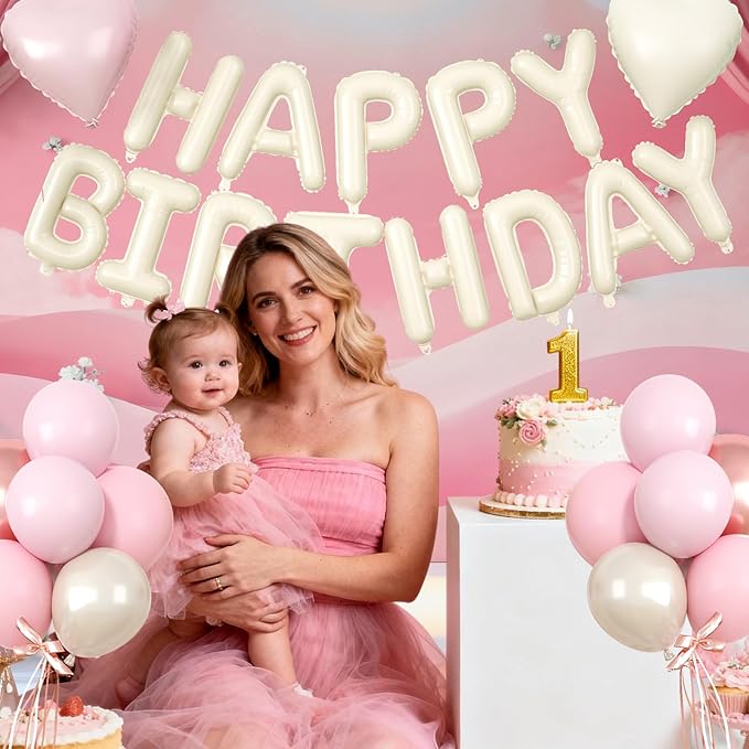 29PC Pink Heart Happy Birthday Balloon Banner, 16Inch 3D Aluminum Letter Banner Sign, Dusty Pink Rose Gold Pearl White Balloons 18 Inch Heart Foil Balloons for Baby Shower Decorations