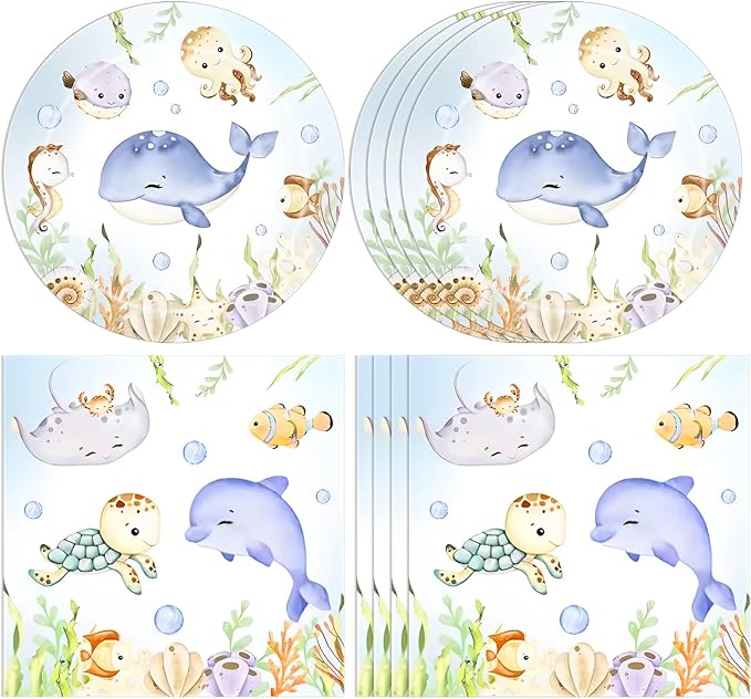 40pcs Under The Sea party Decorations Ocean Paper Plates and Napkins Tableware Set|for birthday Sea Themed Party Ocean Baby Shower Decorations Party Supplies
