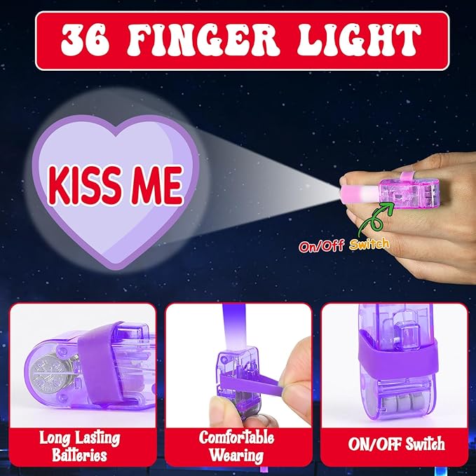 36 PCS Valentine's Day LED Finger Lights Love Heart Party Favors Glow in the Dark Light Up Finger Lights Themed Toys Bulk for Birthday Party Goodie Bag Stuffer Birthday Gifts Classroom Prize
