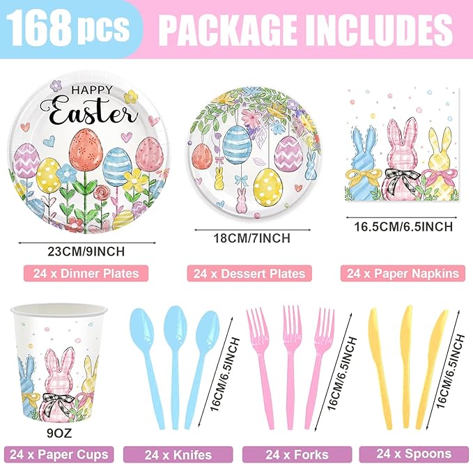 168PCS Happy Easter Party Supplies Floral Egg Party Decorations Easter Bunny Paper Plates Napkins Cups and Forks for Brunch Egg Hunt Spring Celebrations Serves 24