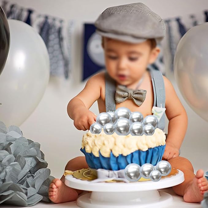 Gyufise 30Pcs Mini Balloon Cake Topper Foam Ball Cake Picks Cupcake Faux Pearl Balls DIY Cake Insert Topper Decoration for Anniversary Graduation Birthday Party Baby Shower Silver