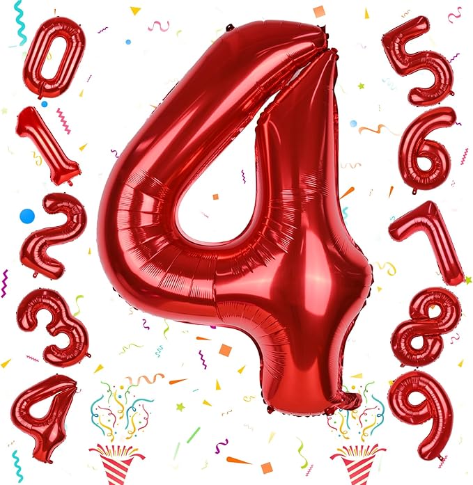 Red Number Balloons, 40 Inch 0-9 Set Number Balloons for Women Men Birthday, Self Inflating Large Balloon with Foil for 4th Birthday Party Decorations Anniversary Party Decor Girls Boys Supplies
