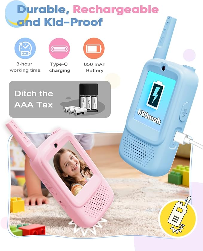 Video Walkie Talkies for Kids, Rechargeable Walkie Talkies Toys 2 Pack with HD Camera & 4 Voice Changer, Birthday Gifts for Age 3-12 Boys Girls, 2 Way Radio Long Range for Family Games Camping Hiking
