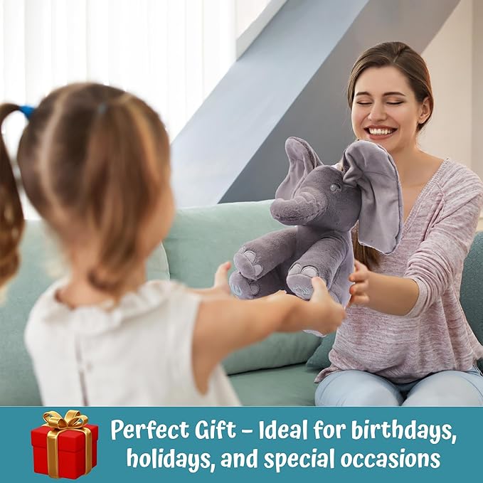 Dimple Emery Peek A Boo Elephant Toy, Interactive Singing Stuffed Elephant Plush with Moving Ears, Musical Stuffed Animal for Babies and Toddlers, Adorable Baby Toy - Adorable Gift for Grandchild