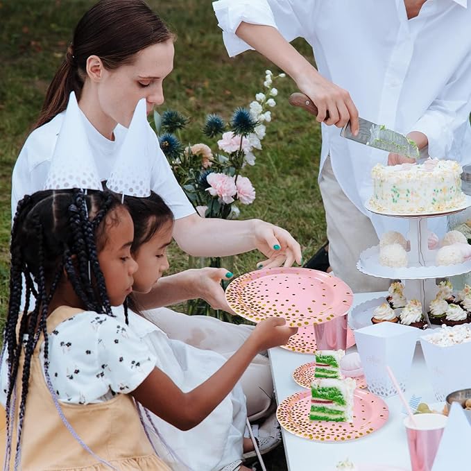 Pink and Gold Party Supplies, 100 Pack - 50 x 9" & 50 x 7" Disposable Paper Plates for Birthday, Wedding, or Any Party Decorations