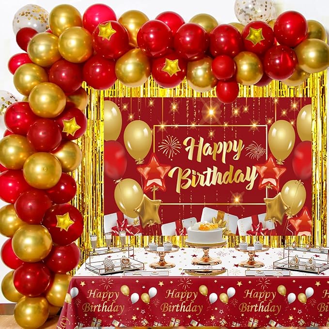 Red and Gold Birthday Decorations for Women Men, 72 Pcs Happy Birthday Banner Backdrop For Boys Girls Red Balloons Arch Kit Tablecloth Confetti Bday Party Supplies Indoors & Outdoors