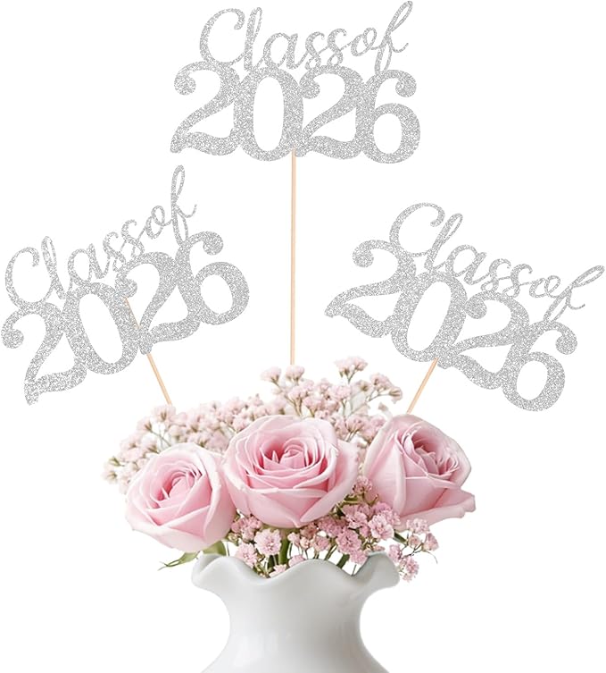 Silver Class of 2026 Double-sided Graduation Table Centerpieces, 12 Pcs Grad Party Decorations with Sticks, Graduation 2026 Party Supplies for Table Decor