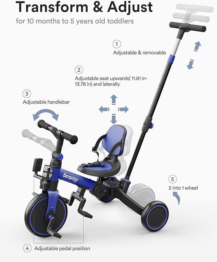 besrey 4 in 1 Toddler Bike, Toddler Tricycle for 1-3 Year Old, Trike with Push Handle, Backrest and Safety Belt, Birthday Gifts and Toys for Boys and Girls, Balance Bike (Dark Blue)