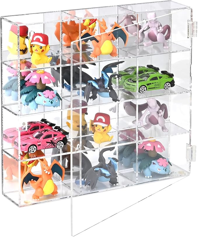 Ikee Design Premium Acrylic Display Case with Mirrored Back, Clear Wall Mounted or Desktop 12 Compartments Display Cabinet Shelves for Collectibles, Small Pop Figures, Jewelry, 10.7 W x 2 D x 10 H in