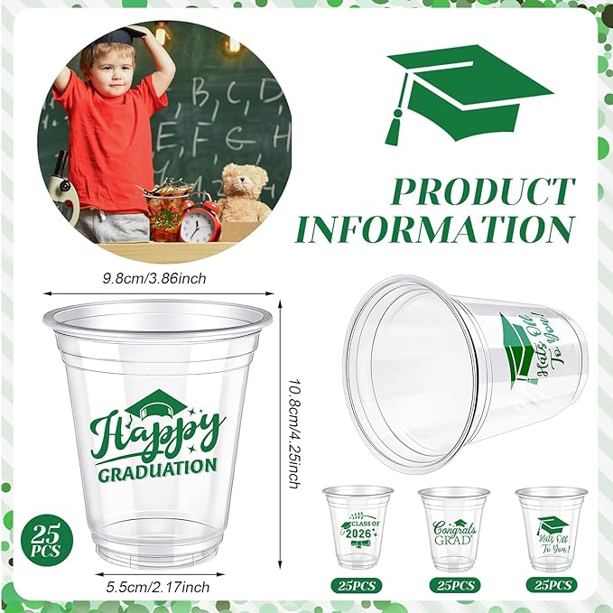 Eaasty 200 Pcs 12oz Graduation Cups 2026 Disposable Plastic Cups for Class of 2026 Graduation Party Congrats Grad Elegant Party Supplies Tableware Decorations (Green)