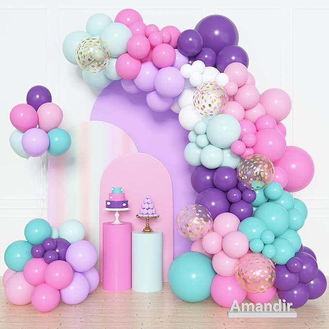 Amandir 153 Pcs Pink Purple Balloons Arch Garland Kit, Different Sizes 18 12 10 5 inch Purple Blue Pink Gold Confetti Pastel Balloon for Wedding Shower Princess Birthday Party Decorations Supplies