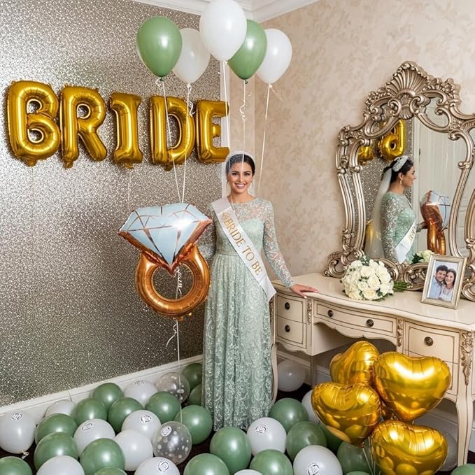 Sage Green Bridal Shower party decorations with HUGE 40 Inch BRIDE letter gold Balloons BRIDE to be Sash Bridal Veil Diamond Ring Heart shape Balloons For Bachelorette party Wedding supplies