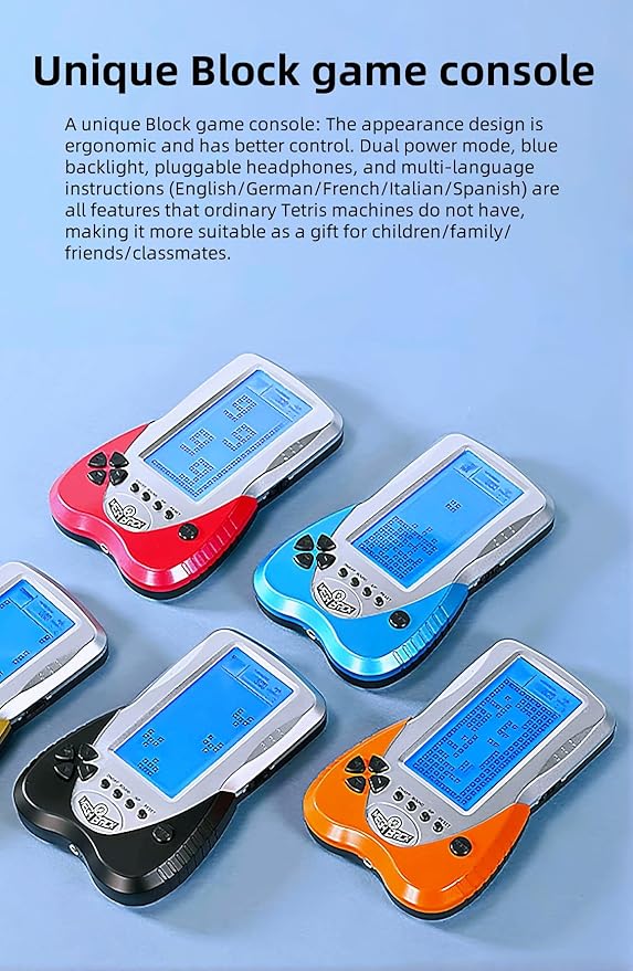 New Block Game Console Built-in Puzzle Games Dual Power Modes Blue Backlight Pluggable Headphone Simple Operation Long Battery Life Handheld Electronic Games Nostalgic Retro Toy/Gift (Orange)