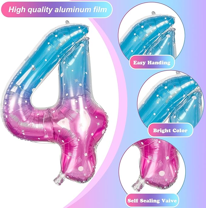 Purple Teal Number 4 Balloons, 40 In Large Mermaid Starry Number 4 Mylar Foil Helium Balloons for Girls, Self Inflating Rainbow Number Four Balloon for Women 4th Birthday Anniversary Party Decoration