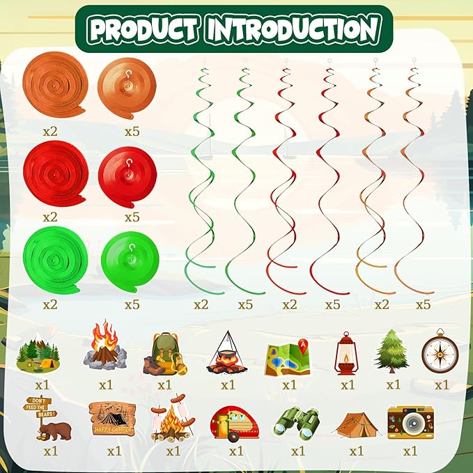 36pcs Happy Camper Party Hanging Swirls Camping Themed Party Swirls Streamers Camping Adventure Bears Tent Party Birthday Decor for Boys Girls Kids Baby Shower Decorations