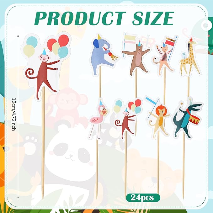 24 Pcs Animal Parade Cupcake Toppers Safari Cupcake Picks Woodland Jungle Cake Decorations for Jungle Theme Baby Shower Zoo Wild Animal Birthday Party Supplies