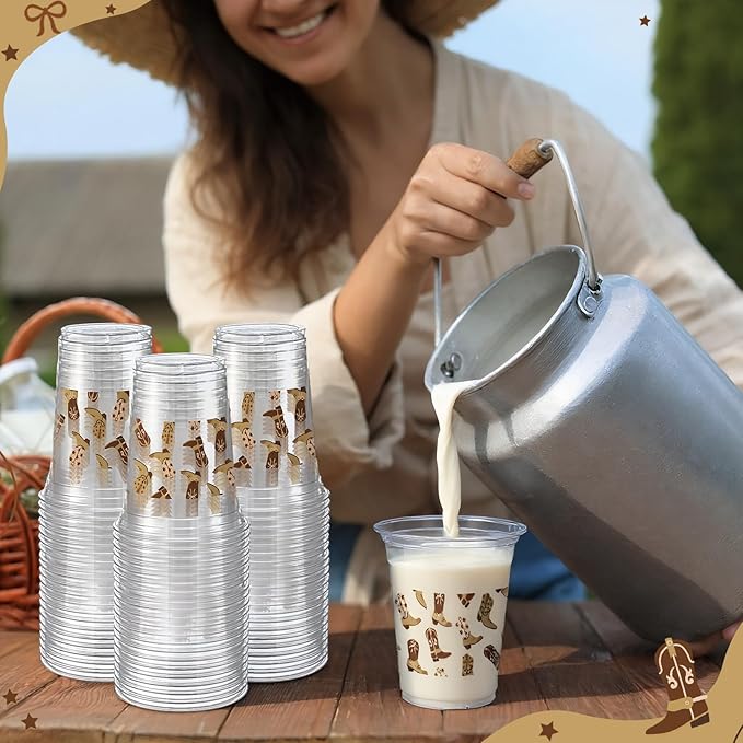 100 Pcs Western Plastic Cups 12 oz Clear Disposable Plastic Cowboy Cowgirl Drinking Cups Bulk for Boho Preppy Baby Shower Birthday Wild West Party Decoration Supplies(Cowboy Shoes,Brown)