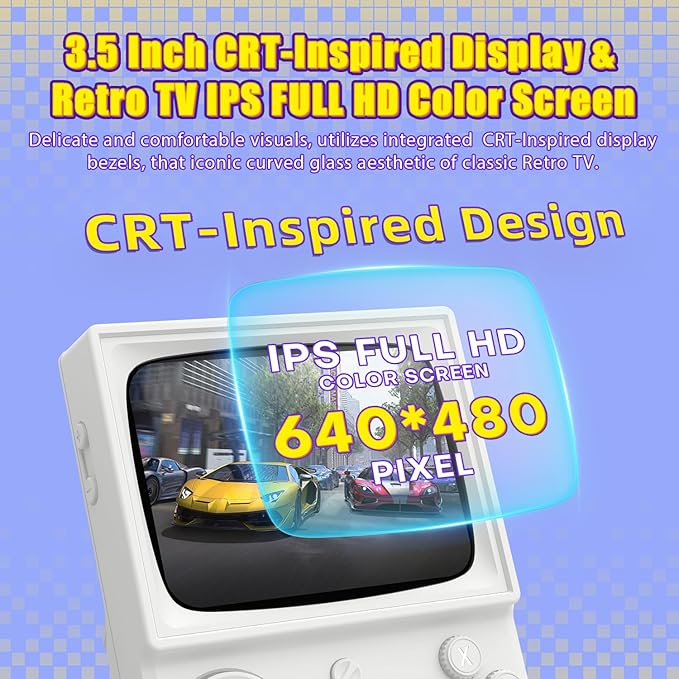 R36T Retro Gaming Console, 3.5'' IPS Screen CRT-Inspired, Handheld Game Console with 22000+ Classic Games Supports WiFi Networked Fighting and OTG, 3500mAh Battery, with Portable Case(White 128GB)